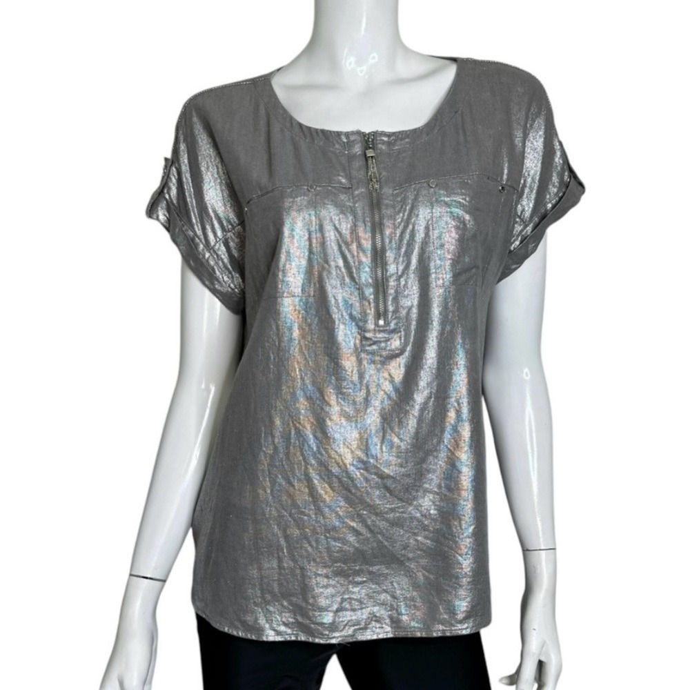 Ellen Tracy Linen Blend Silver Metallic Cuffed Short  Sleeve Blouse